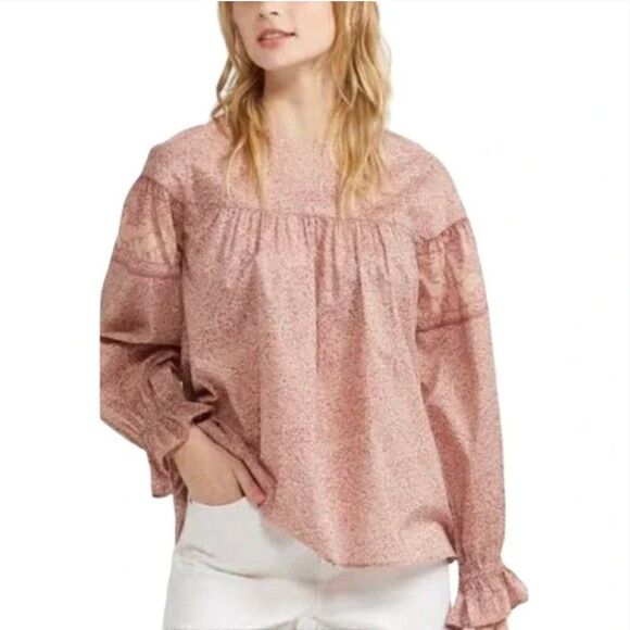 Anna Sui x Uniqlo Peasant‎ Blouse Medium Boho Floral Pink Lightweight Summer - Picture 1 of 7